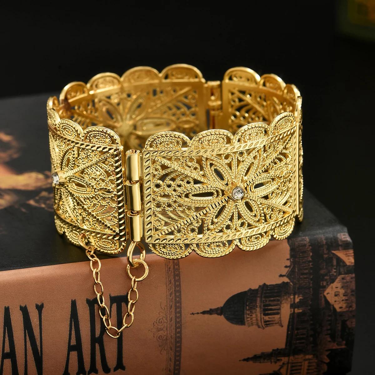 Ethnic Trendy Adjustable Gold Plated Bridal Bangles Wide Cuff Bracelets for Women Middle East Wedding Jewelry Festival Gift