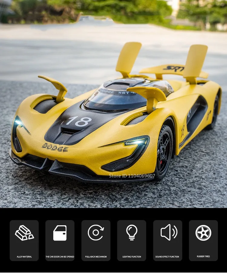 1:32 SRT Tomahawk Sports Car Model Toys Alloy Diecast Charger 1970 Vehicle Models Sound Light Doors Opened Pull Back Kids Gifts