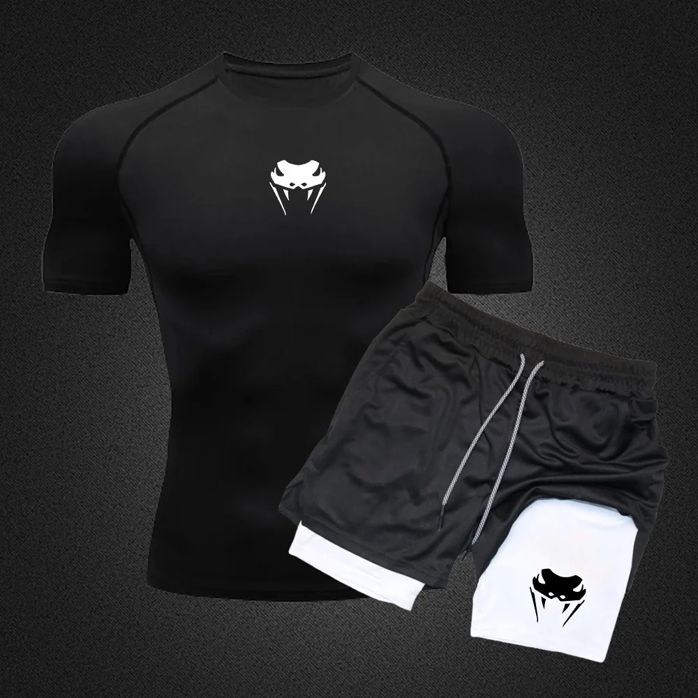 Men's Workout Compression Set Y2K Spider Printed Gym Tshirts Breathable Running Shorts Quick Dry Sports Rash Guard Sportwear Set