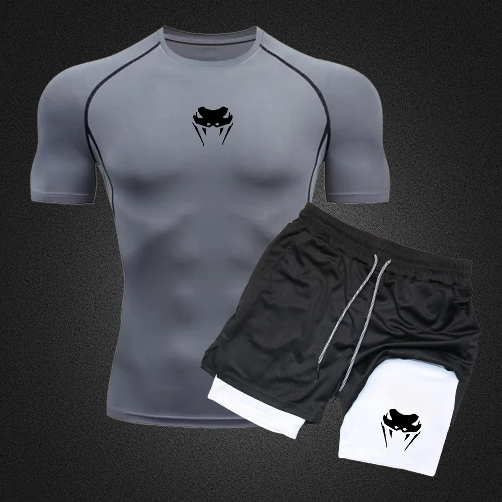 Men's Workout Compression Set Y2K Spider Printed Gym Tshirts Breathable Running Shorts Quick Dry Sports Rash Guard Sportwear Set