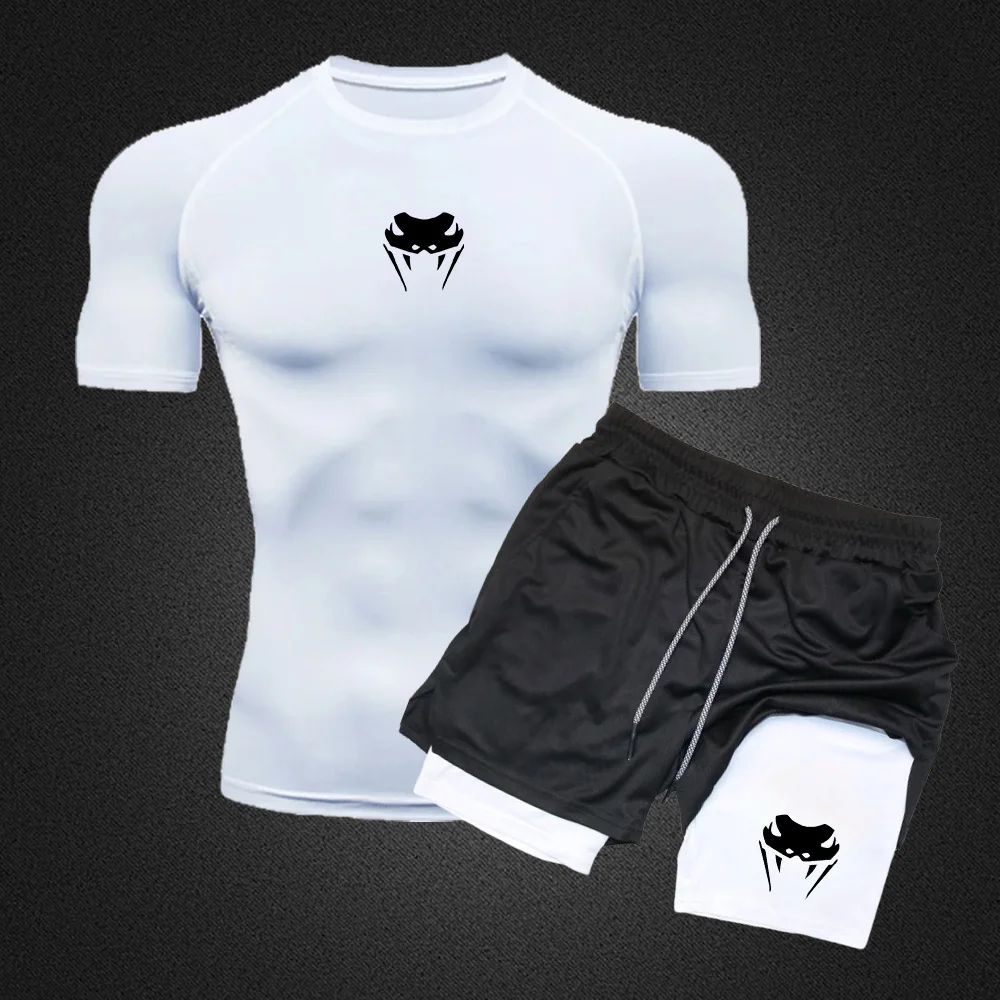 Men's Workout Compression Set Y2K Spider Printed Gym Tshirts Breathable Running Shorts Quick Dry Sports Rash Guard Sportwear Set