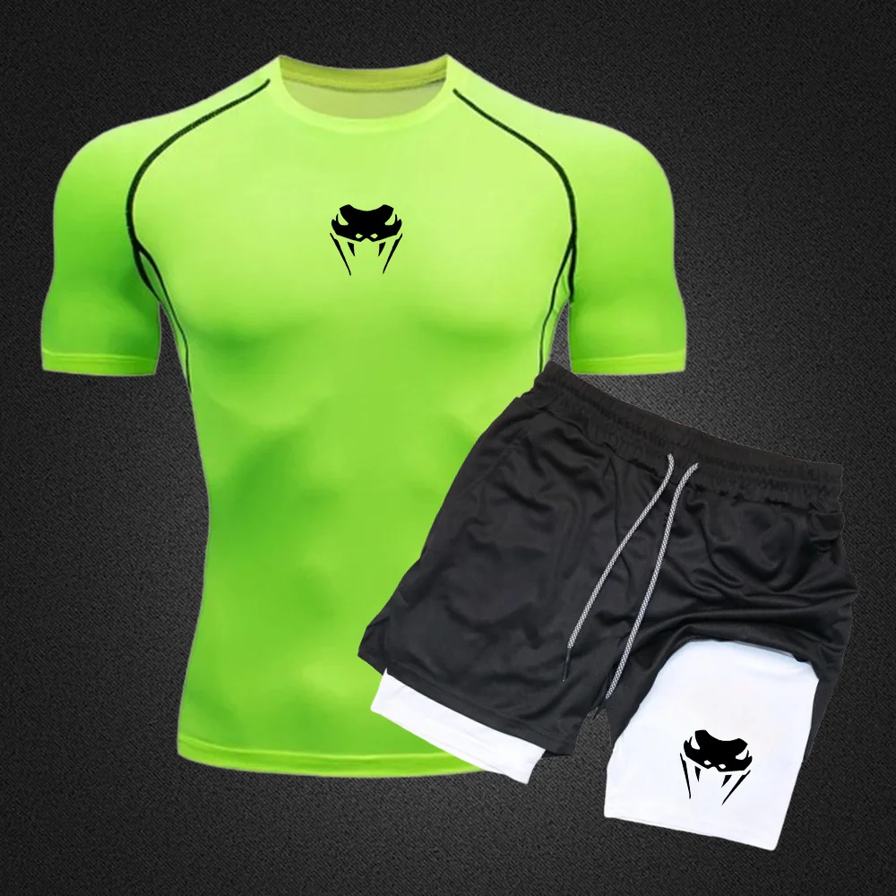 Men's Workout Compression Set Y2K Spider Printed Gym Tshirts Breathable Running Shorts Quick Dry Sports Rash Guard Sportwear Set