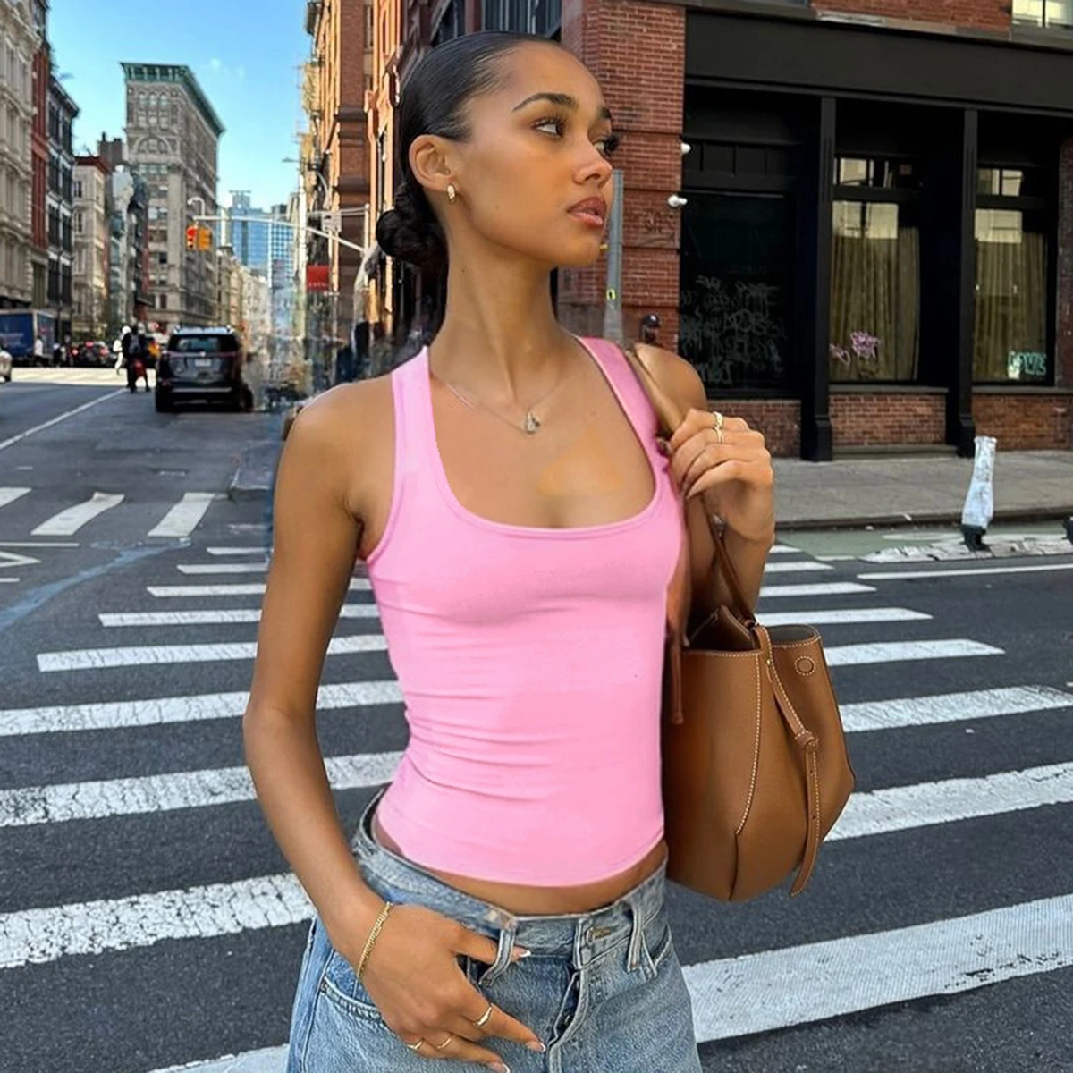 Hugcitar 2025 Summer Solid Straps Sexy Slim Crop Tank Top Women Casual Y2K Clothes Streetwear Party Sport Festivak Wholesale