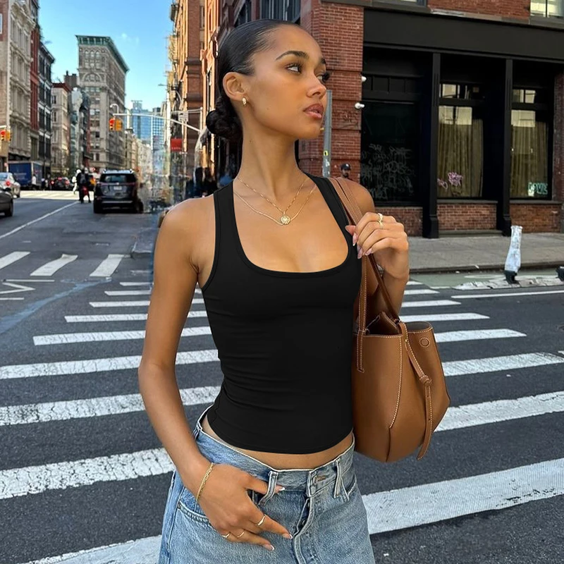 Hugcitar 2025 Summer Solid Straps Sexy Slim Crop Tank Top Women Casual Y2K Clothes Streetwear Party Sport Festivak Wholesale