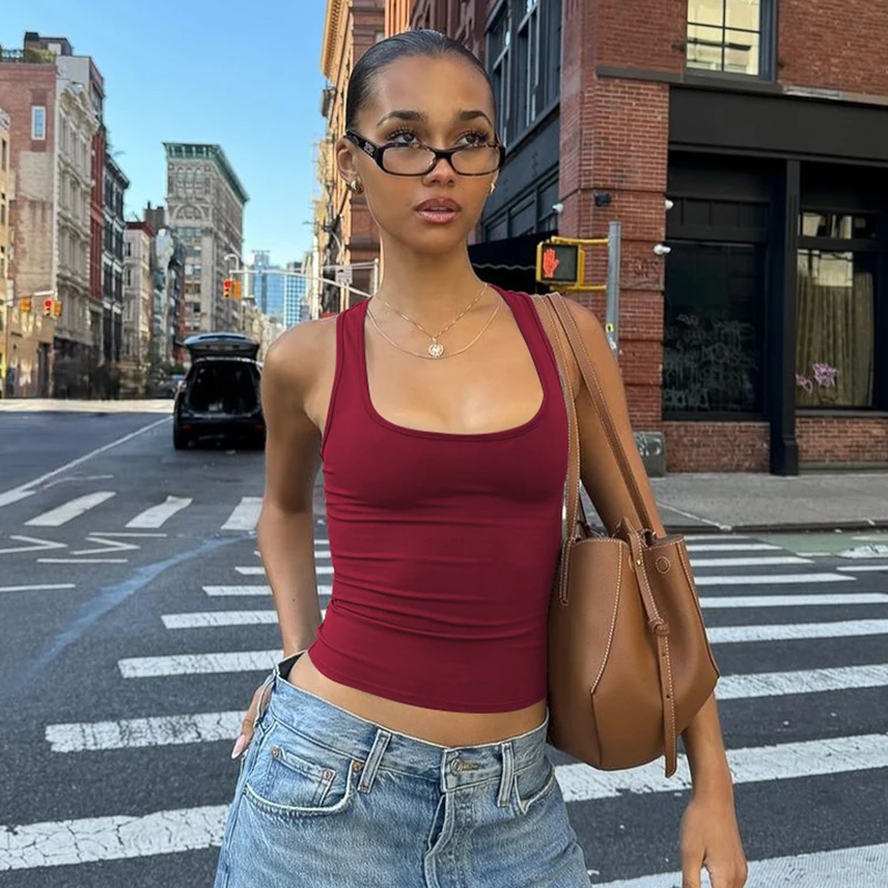 Hugcitar 2025 Summer Solid Straps Sexy Slim Crop Tank Top Women Casual Y2K Clothes Streetwear Party Sport Festivak Wholesale