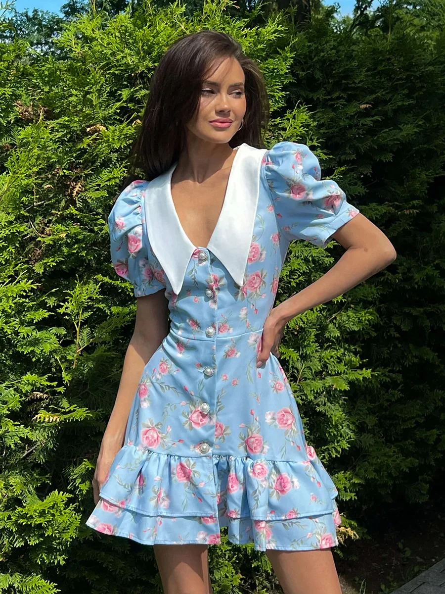 Tornova Print Puff Sleeves Ruffled Dress Women's V-Neck High Waist Pearl Buttons Mini Dress Female Casual Vacation Fashion Dress