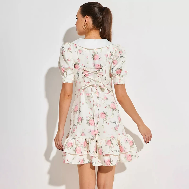 Tornova Print Puff Sleeves Ruffled Dress Women's V-Neck High Waist Pearl Buttons Mini Dress Female Casual Vacation Fashion Dress