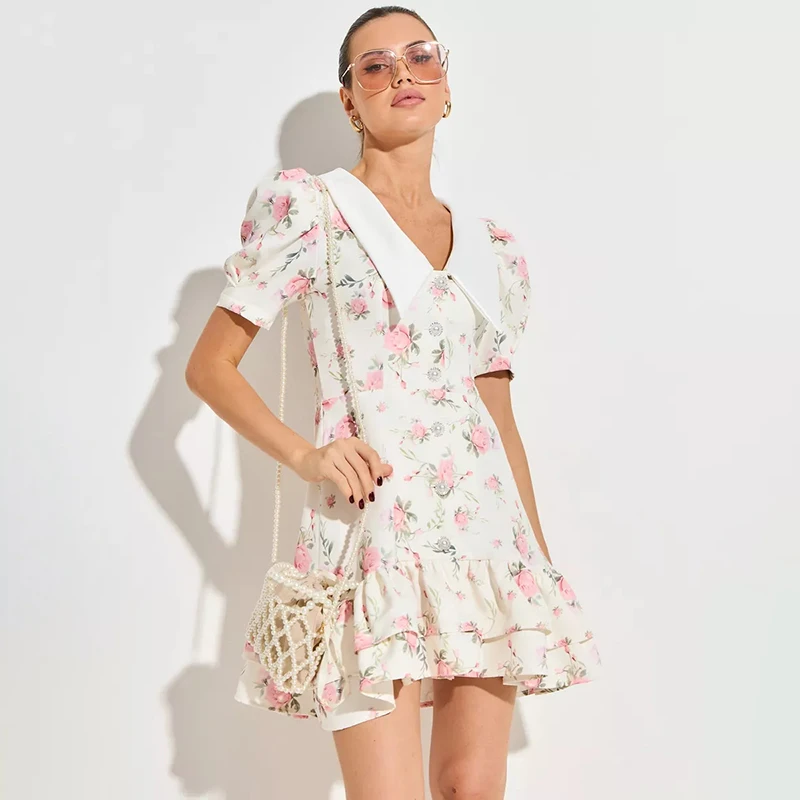 Tornova Print Puff Sleeves Ruffled Dress Women's V-Neck High Waist Pearl Buttons Mini Dress Female Casual Vacation Fashion Dress