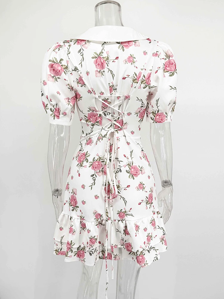 Tornova Print Puff Sleeves Ruffled Dress Women's V-Neck High Waist Pearl Buttons Mini Dress Female Casual Vacation Fashion Dress