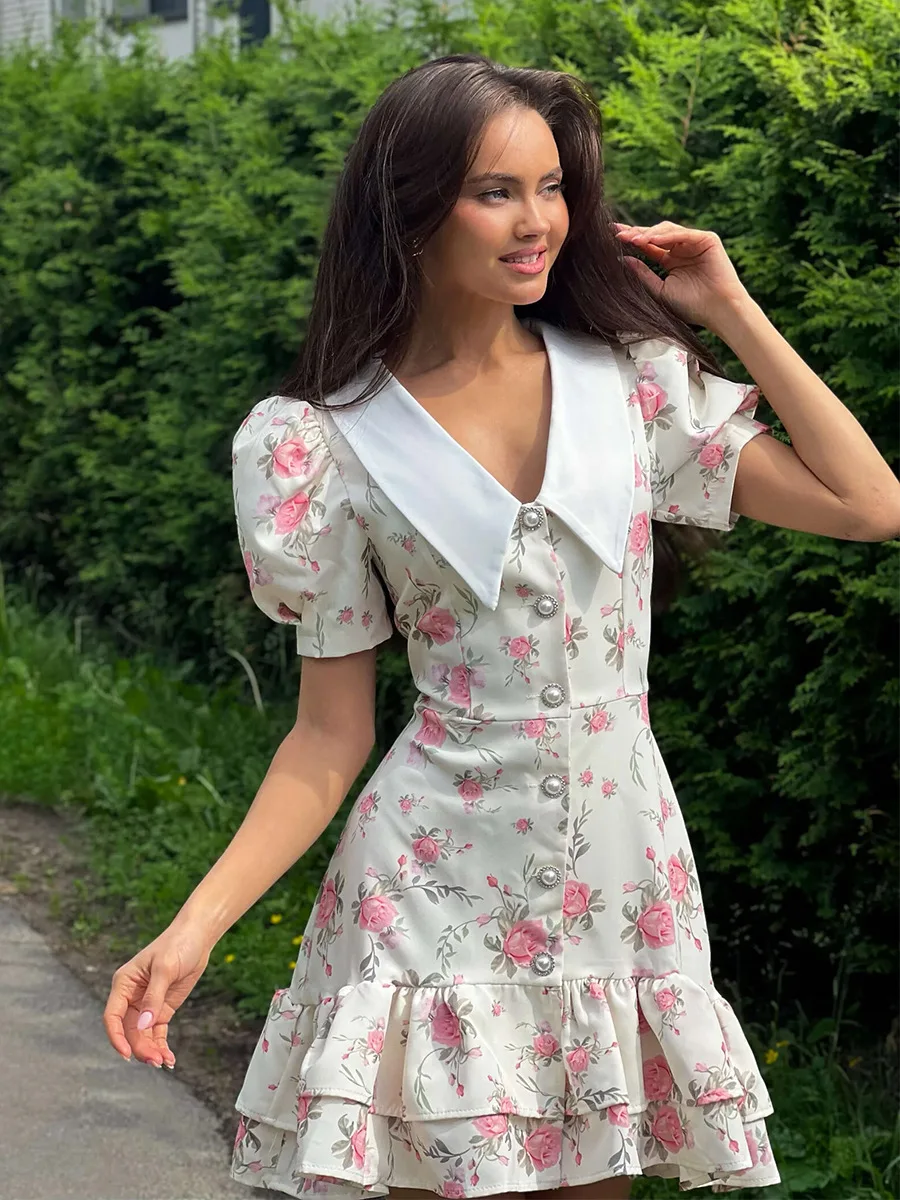 Tornova Print Puff Sleeves Ruffled Dress Women's V-Neck High Waist Pearl Buttons Mini Dress Female Casual Vacation Fashion Dress