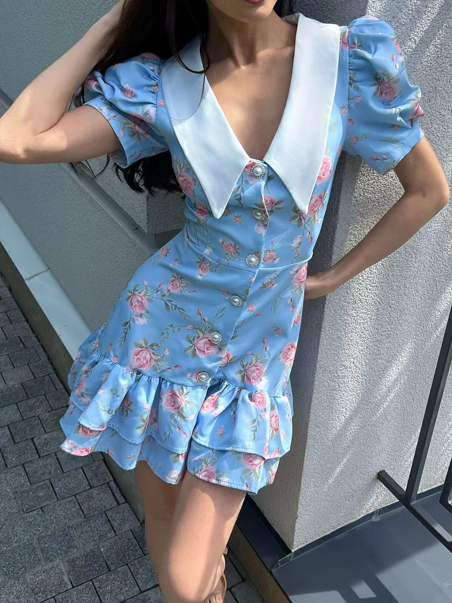 Tornova Print Puff Sleeves Ruffled Dress Women's V-Neck High Waist Pearl Buttons Mini Dress Female Casual Vacation Fashion Dress
