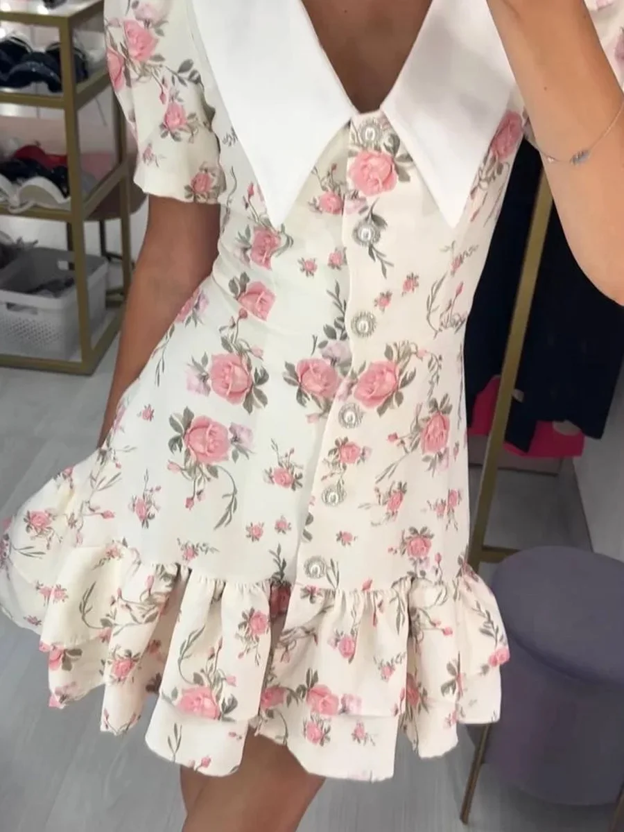 Tornova Print Puff Sleeves Ruffled Dress Women's V-Neck High Waist Pearl Buttons Mini Dress Female Casual Vacation Fashion Dress