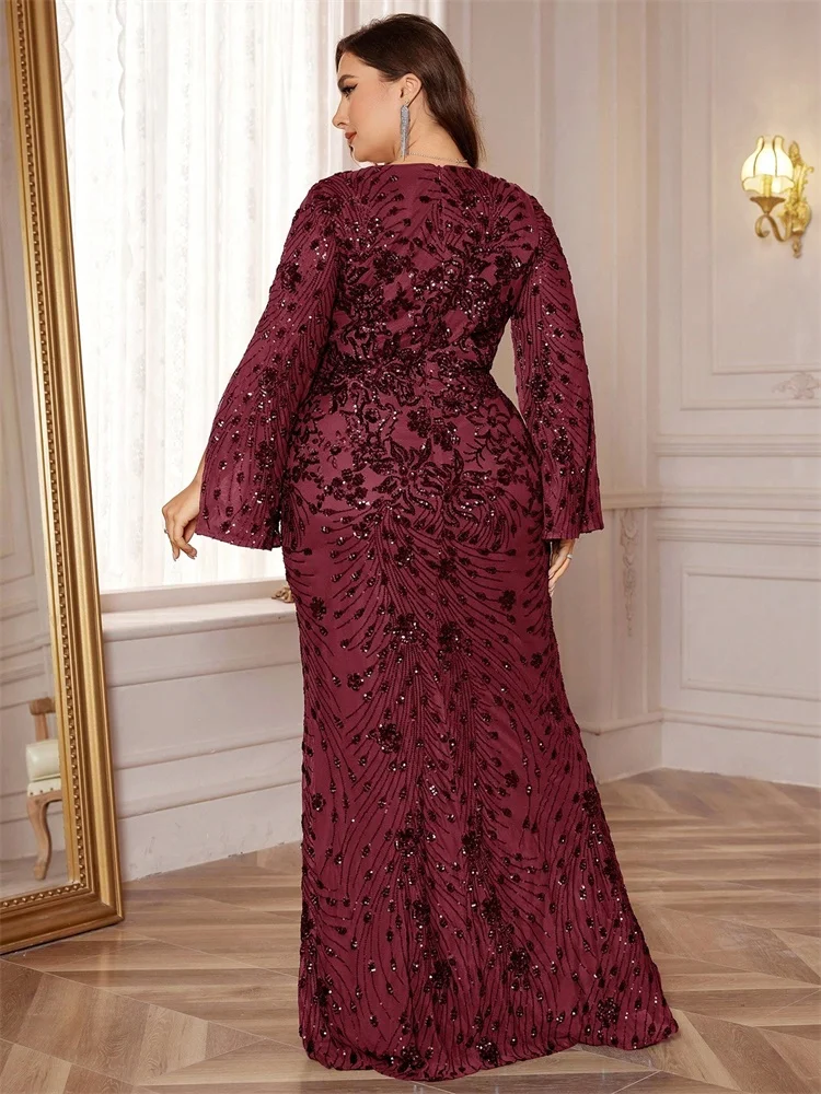 Lucyinlove Plus Size Luxury Black Evening Dresses Women Slit Long Sleeve Mermaid Formal Sequins Wedding Party Cocktail Gowns