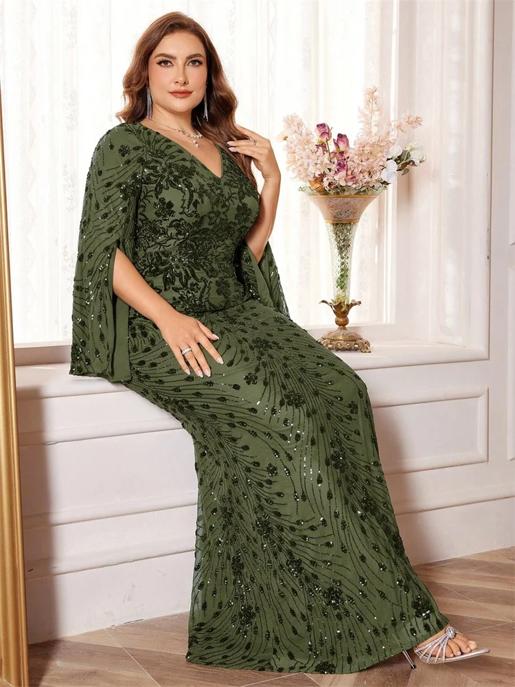 Lucyinlove Plus Size Luxury Black Evening Dresses Women Slit Long Sleeve Mermaid Formal Sequins Wedding Party Cocktail Gowns