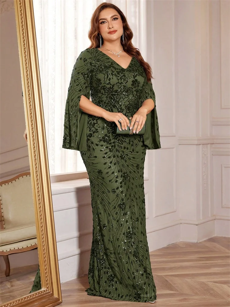 Lucyinlove Plus Size Luxury Black Evening Dresses Women Slit Long Sleeve Mermaid Formal Sequins Wedding Party Cocktail Gowns