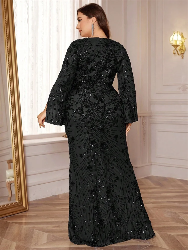 Lucyinlove Plus Size Luxury Black Evening Dresses Women Slit Long Sleeve Mermaid Formal Sequins Wedding Party Cocktail Gowns