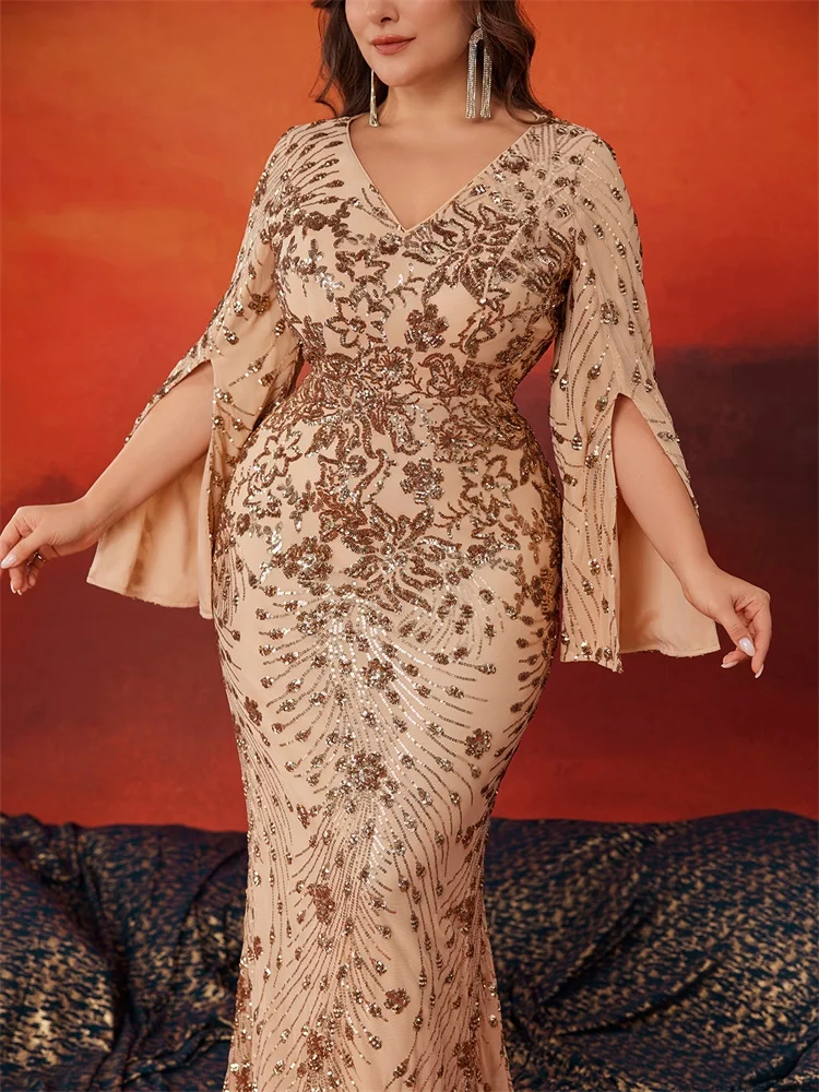 Lucyinlove Plus Size Luxury Black Evening Dresses Women Slit Long Sleeve Mermaid Formal Sequins Wedding Party Cocktail Gowns
