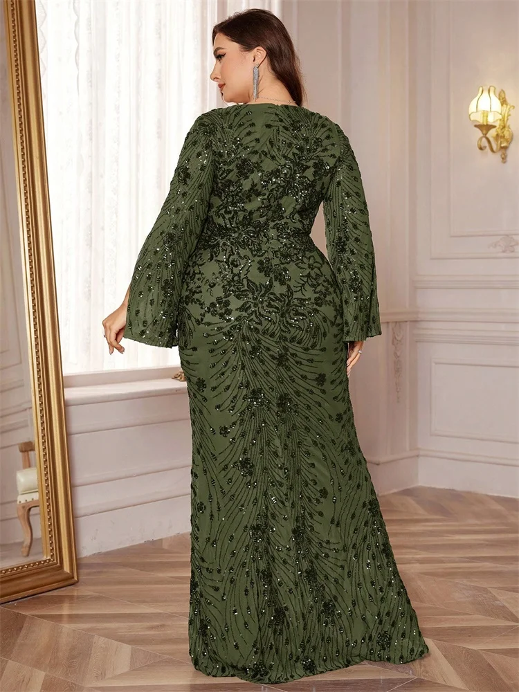 Lucyinlove Plus Size Luxury Black Evening Dresses Women Slit Long Sleeve Mermaid Formal Sequins Wedding Party Cocktail Gowns