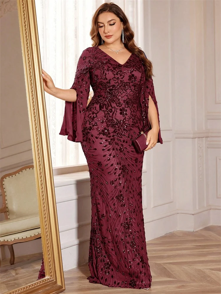 Lucyinlove Plus Size Luxury Black Evening Dresses Women Slit Long Sleeve Mermaid Formal Sequins Wedding Party Cocktail Gowns