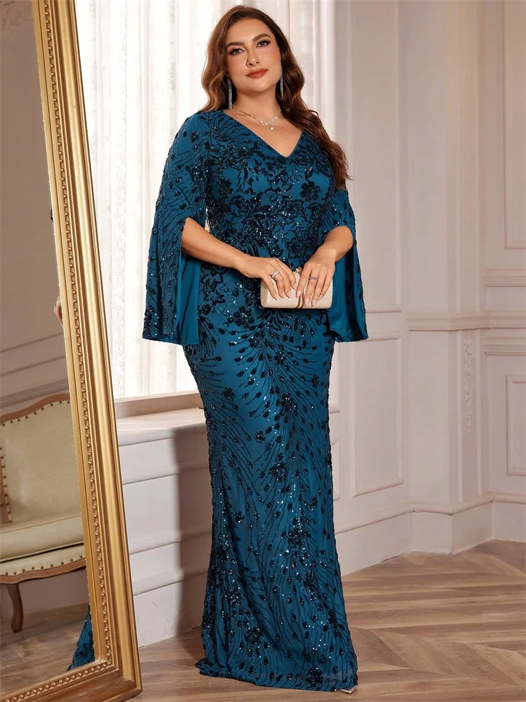 Lucyinlove Plus Size Luxury Black Evening Dresses Women Slit Long Sleeve Mermaid Formal Sequins Wedding Party Cocktail Gowns