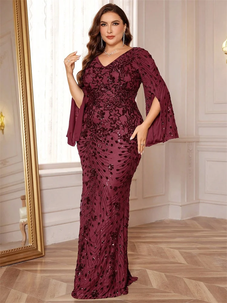 Lucyinlove Plus Size Luxury Black Evening Dresses Women Slit Long Sleeve Mermaid Formal Sequins Wedding Party Cocktail Gowns