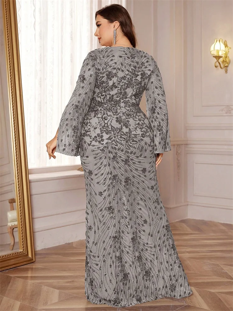 Lucyinlove Plus Size Luxury Black Evening Dresses Women Slit Long Sleeve Mermaid Formal Sequins Wedding Party Cocktail Gowns