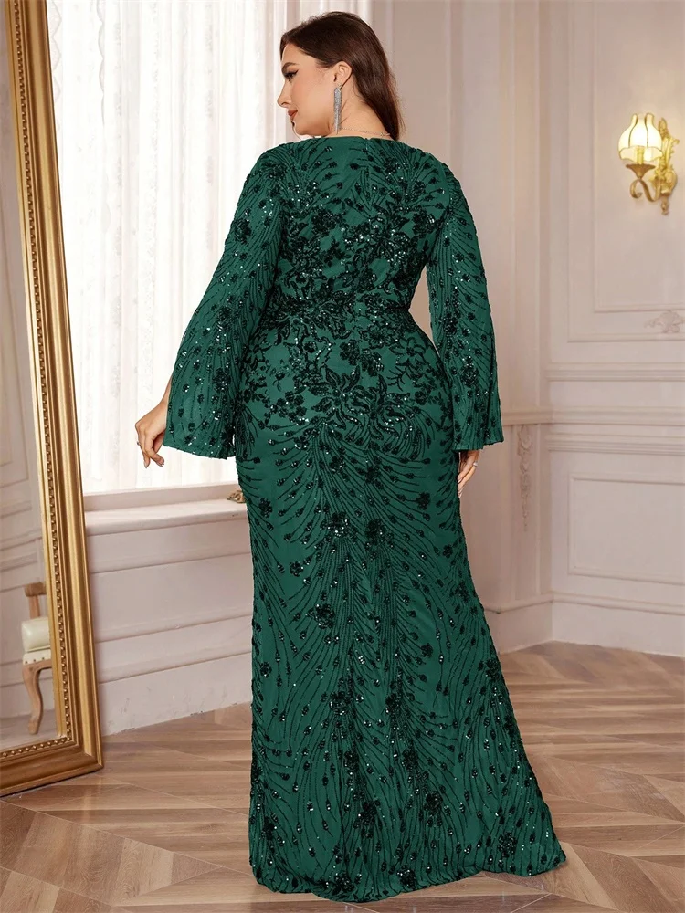 Lucyinlove Plus Size Luxury Black Evening Dresses Women Slit Long Sleeve Mermaid Formal Sequins Wedding Party Cocktail Gowns