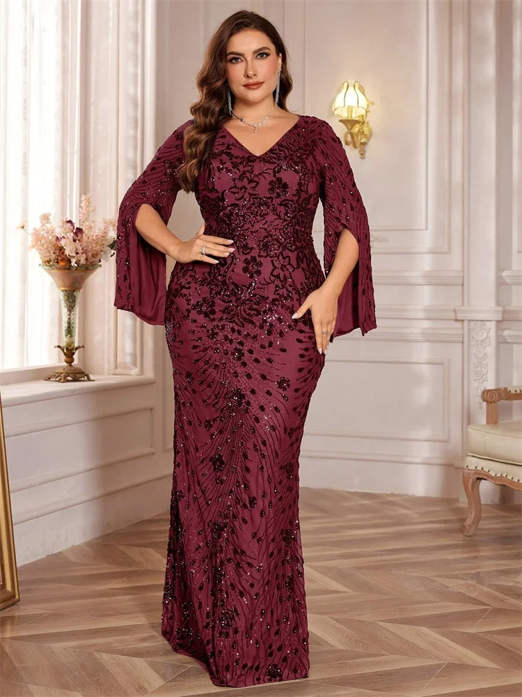 Lucyinlove Plus Size Luxury Black Evening Dresses Women Slit Long Sleeve Mermaid Formal Sequins Wedding Party Cocktail Gowns