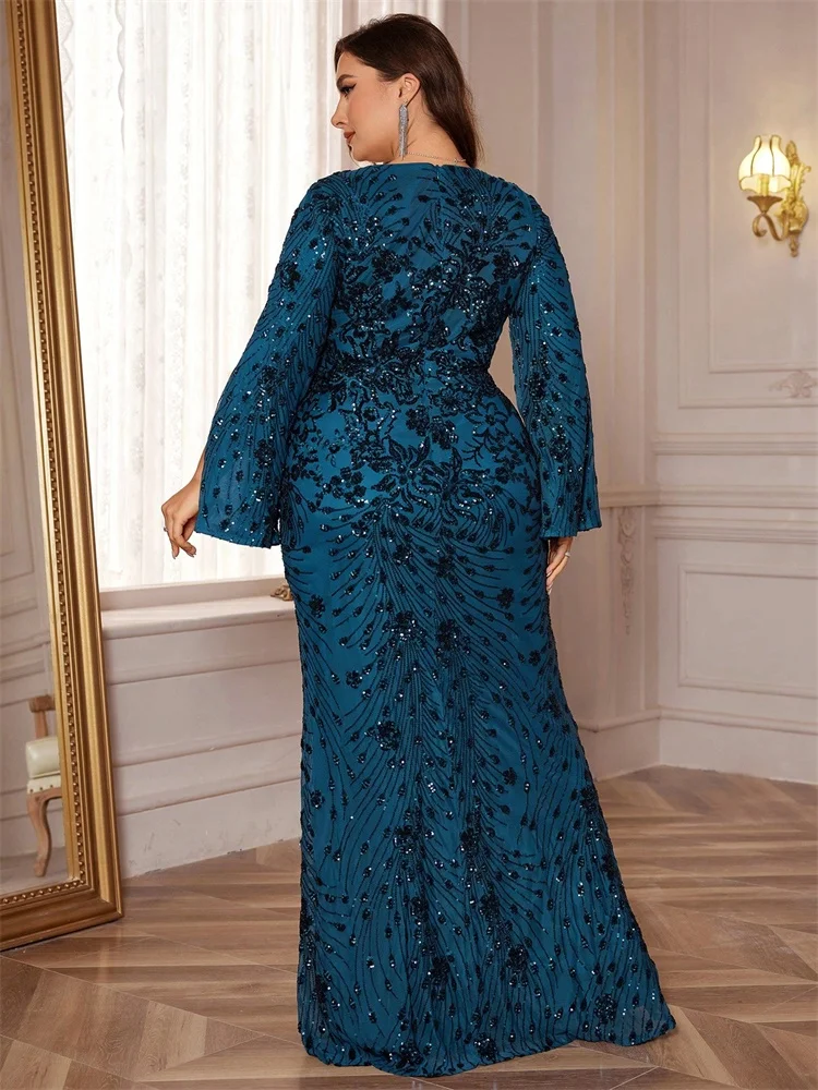 Lucyinlove Plus Size Luxury Black Evening Dresses Women Slit Long Sleeve Mermaid Formal Sequins Wedding Party Cocktail Gowns