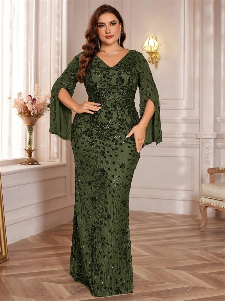 Lucyinlove Plus Size Luxury Black Evening Dresses Women Slit Long Sleeve Mermaid Formal Sequins Wedding Party Cocktail Gowns