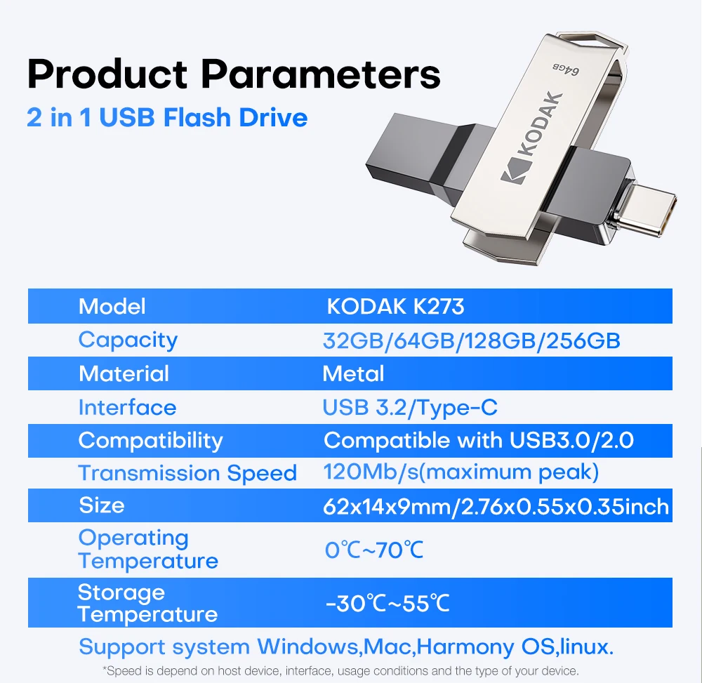 KODAK USB3.2 Type C Two in One Flash Drive 256GB 128GB 32GB Pendrive High Speed Dual Memory Stick For Smartphone Laptop