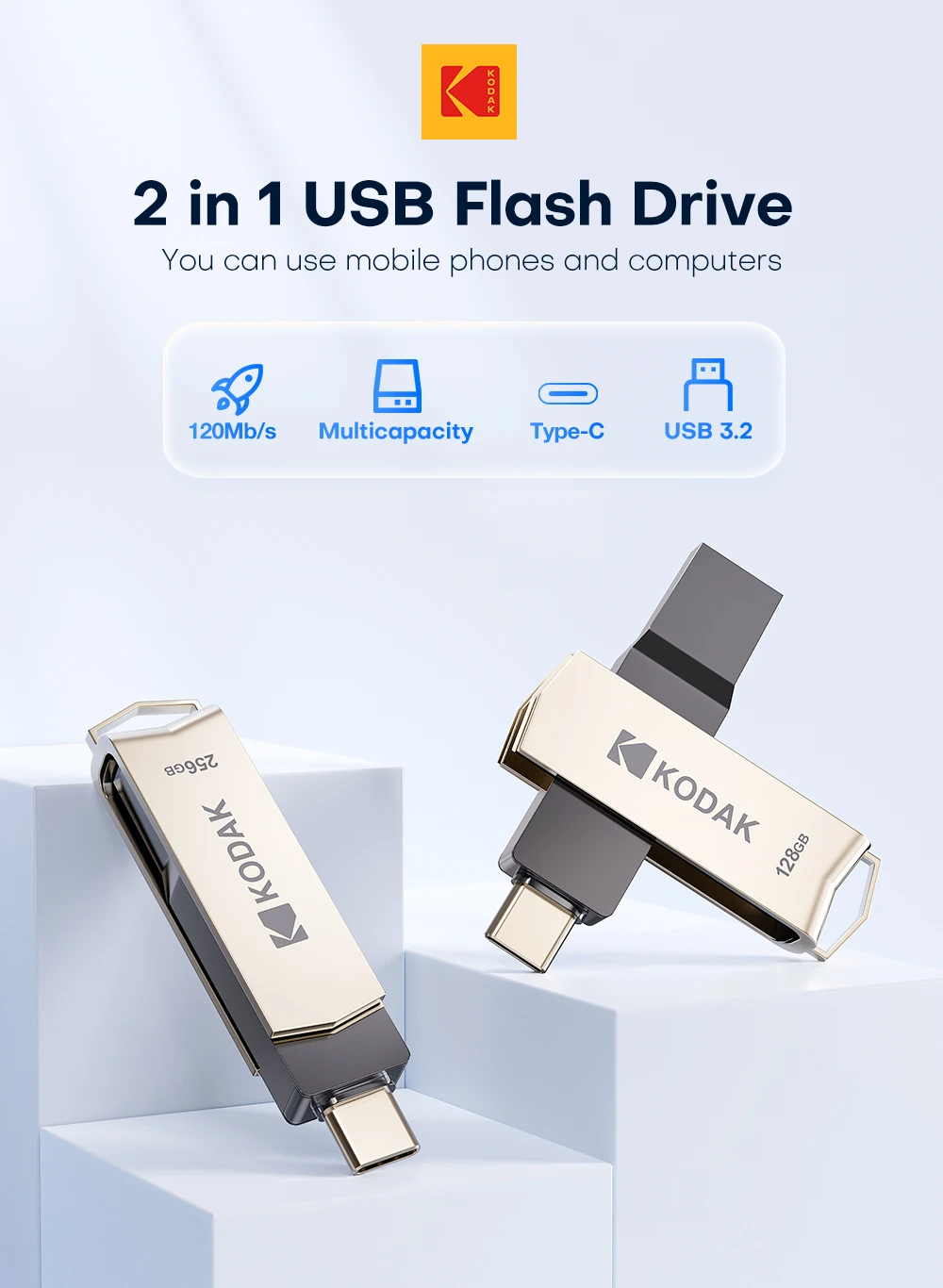 KODAK USB3.2 Type C Two in One Flash Drive 256GB 128GB 32GB Pendrive High Speed Dual Memory Stick For Smartphone Laptop