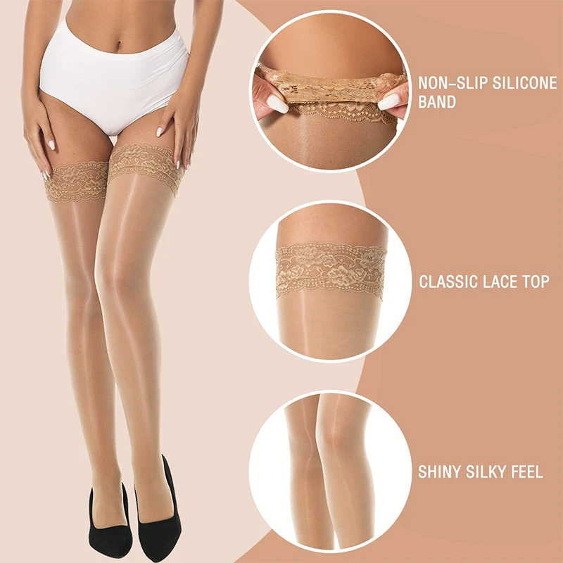 1 Pair Women's Shiny Silky Stockings Horse Oil High Tights With Silicone Lace Top Summer Sexy Elastic High Socks