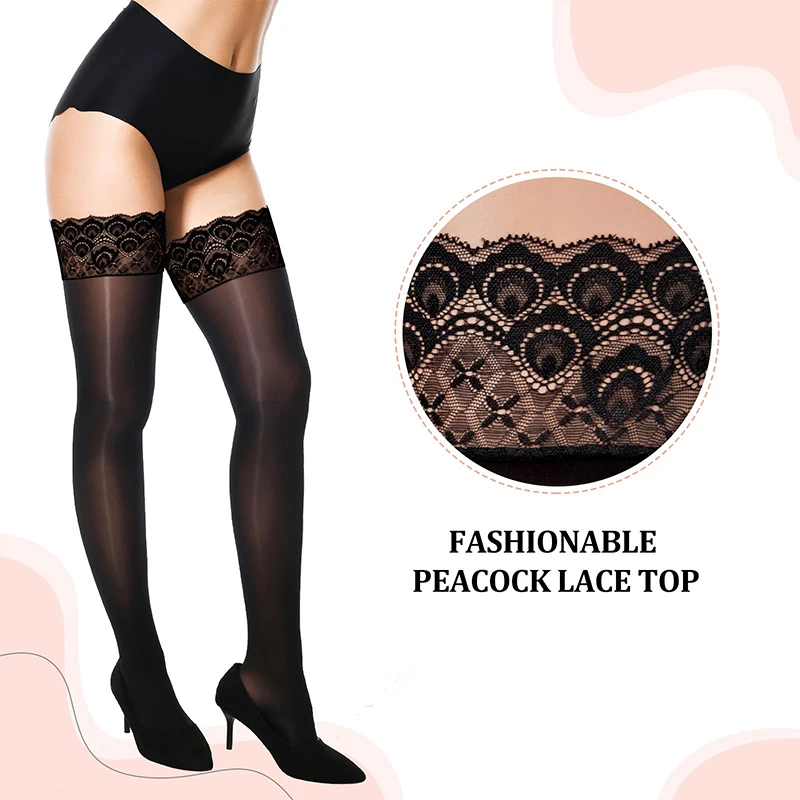 1 Pair Women's Shiny Silky Stockings Horse Oil High Tights With Silicone Lace Top Summer Sexy Elastic High Socks