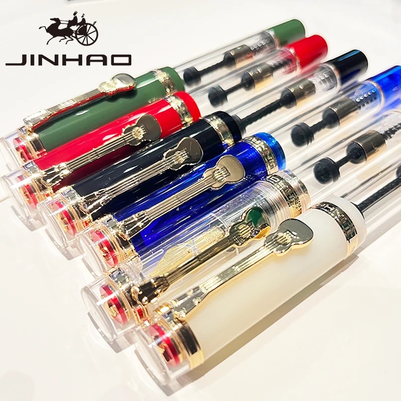 Jinhao 1935 Transparent Acrylic Fountain Pen, Clear Body with 5-Pointed Star, Guitar Clip, Large Size Converter, Humanized Desi
