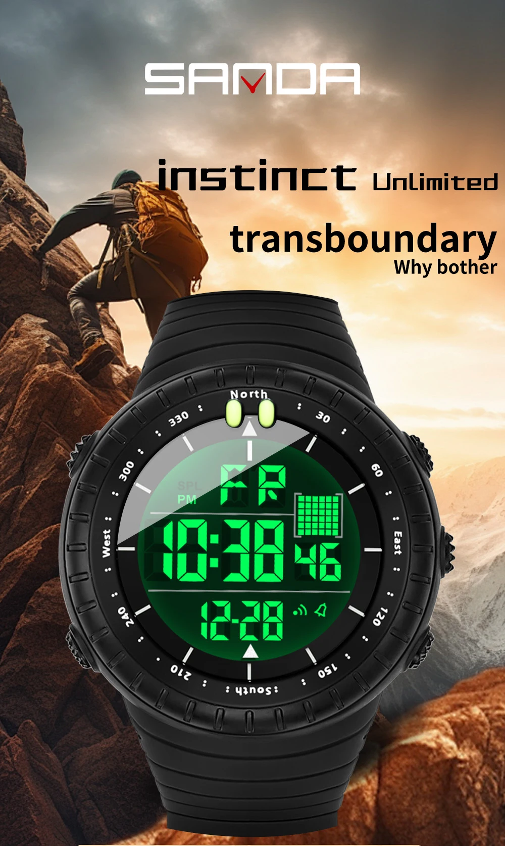 SANDA New 6256 Men's Electronic Watch Large Dial Outdoor Waterproof Sports Watch Night Light Alarm Clock Multi Functional Watch