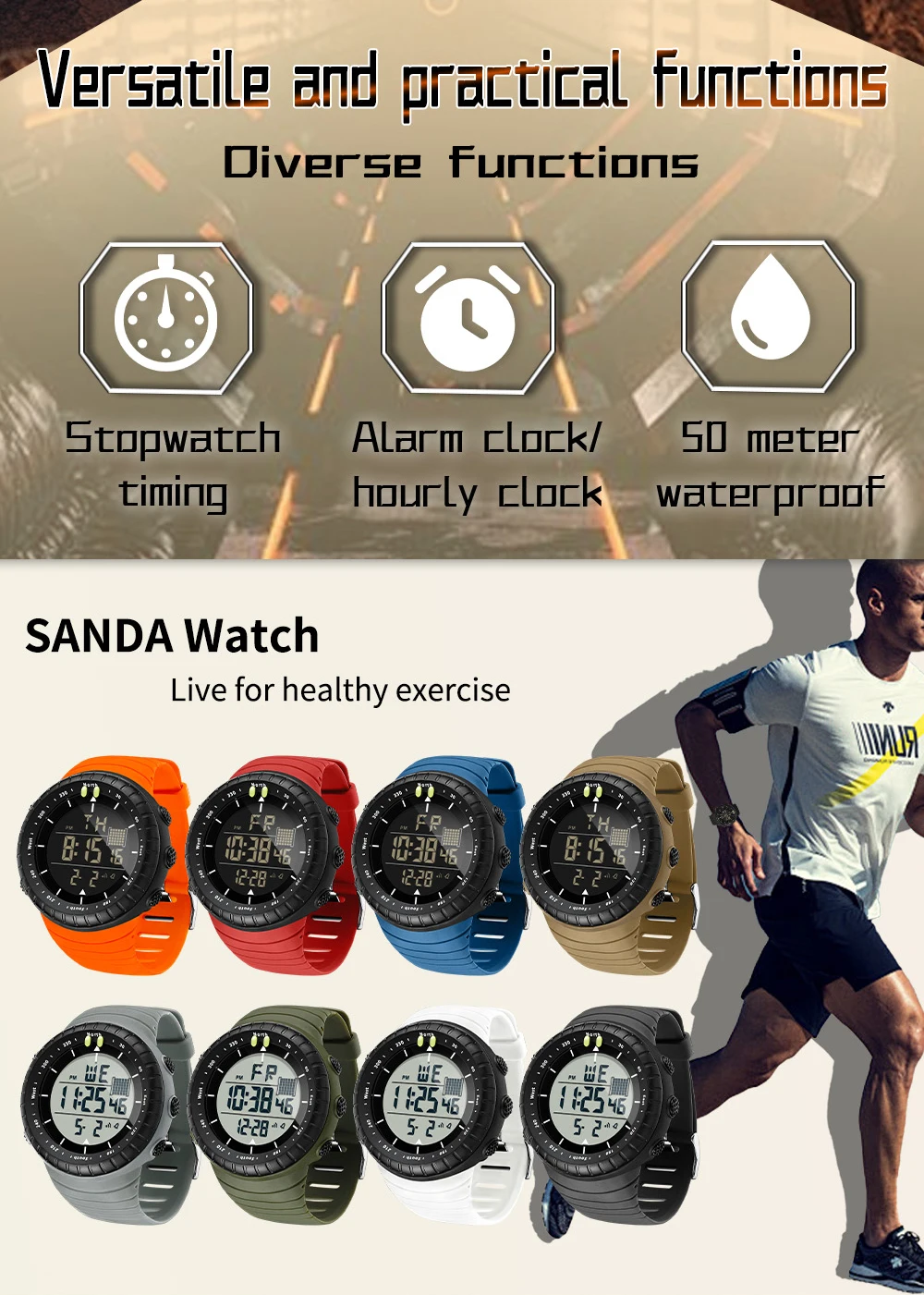 SANDA New 6256 Men's Electronic Watch Large Dial Outdoor Waterproof Sports Watch Night Light Alarm Clock Multi Functional Watch