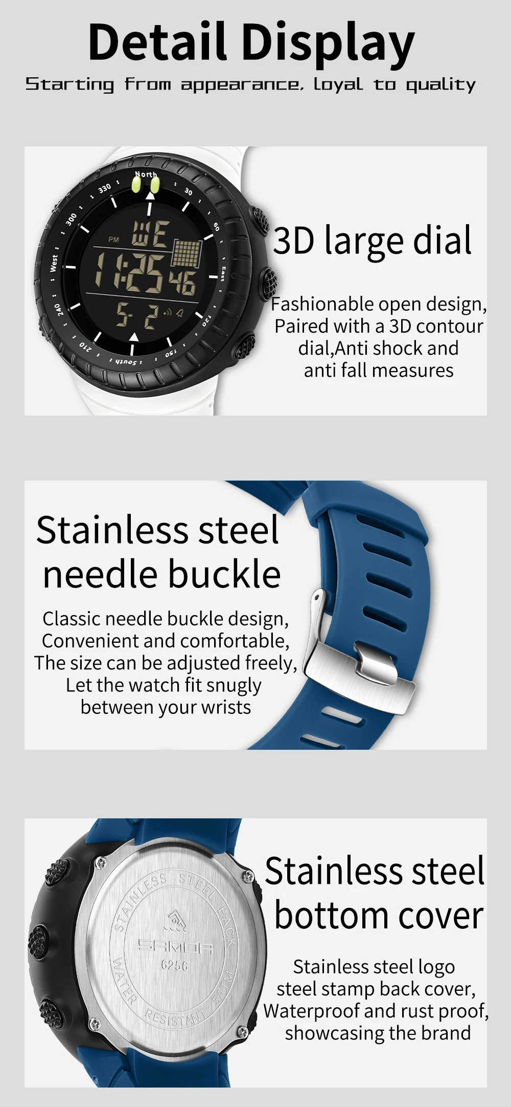 SANDA New 6256 Men's Electronic Watch Large Dial Outdoor Waterproof Sports Watch Night Light Alarm Clock Multi Functional Watch
