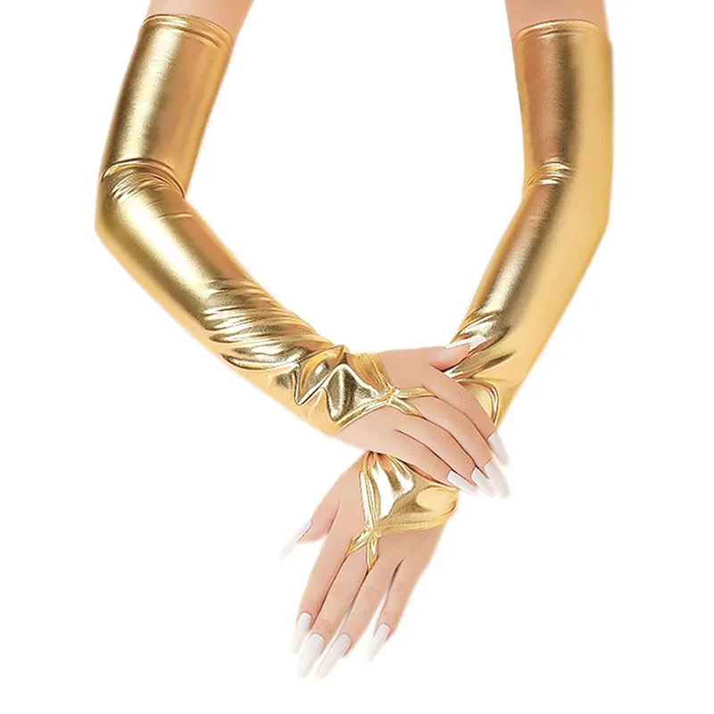 Womens Lacquer Leather Hook Finger Long Gloves Cosplay Nightclub Pole Dance Stage Performance Sexy Fingerless Mittens Accessory