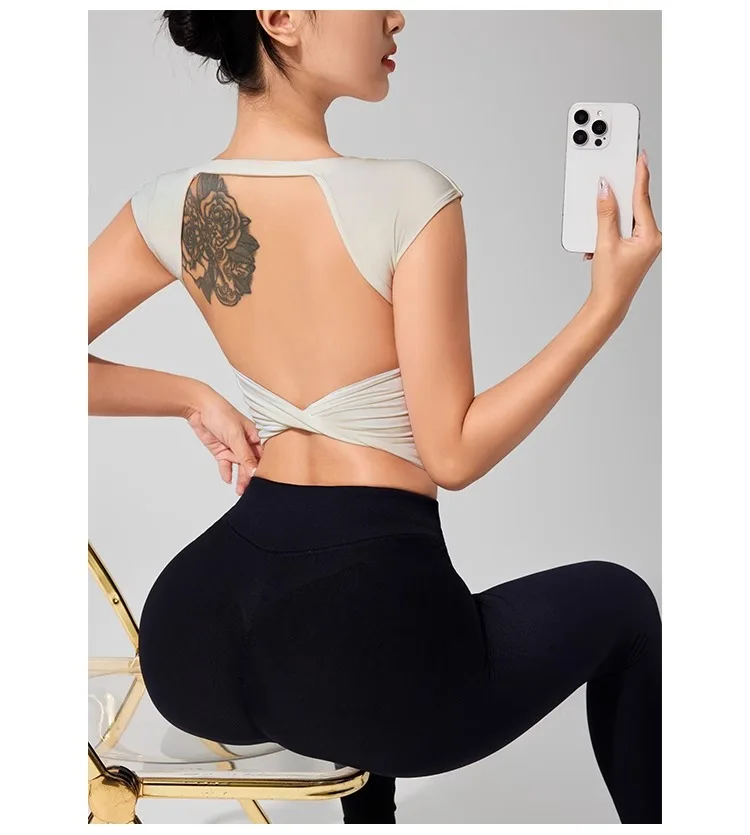 Women's Backless Fitness Clothes with Fixed Chest Pad Beautiful Top Short Sleeve Dance Sport T-Shirt Yoga Wear