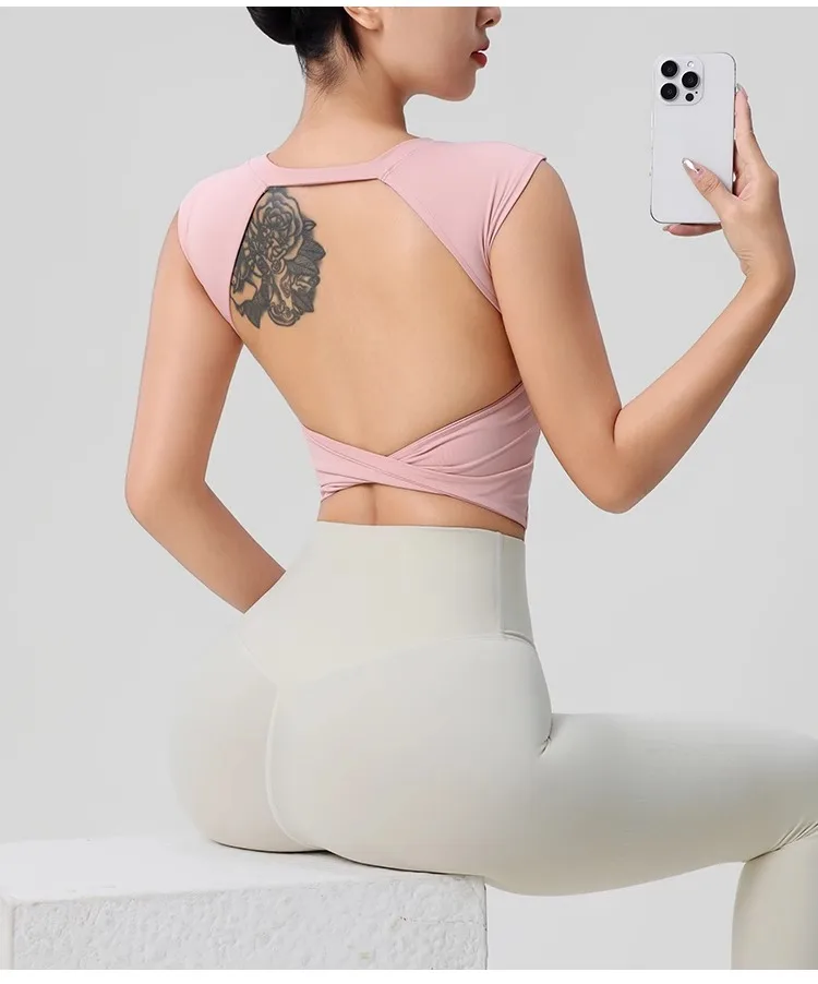 Women's Backless Fitness Clothes with Fixed Chest Pad Beautiful Top Short Sleeve Dance Sport T-Shirt Yoga Wear