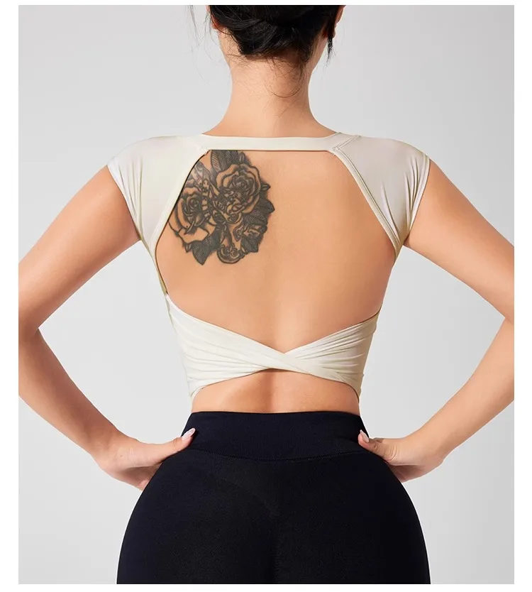 Women's Backless Fitness Clothes with Fixed Chest Pad Beautiful Top Short Sleeve Dance Sport T-Shirt Yoga Wear