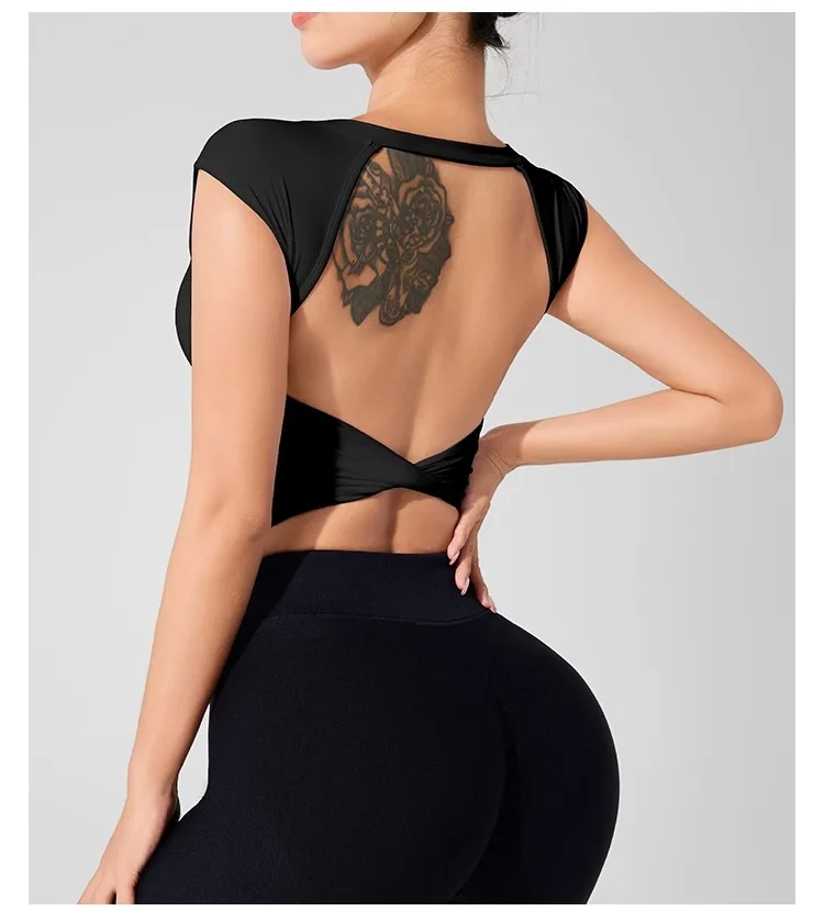 Women's Backless Fitness Clothes with Fixed Chest Pad Beautiful Top Short Sleeve Dance Sport T-Shirt Yoga Wear