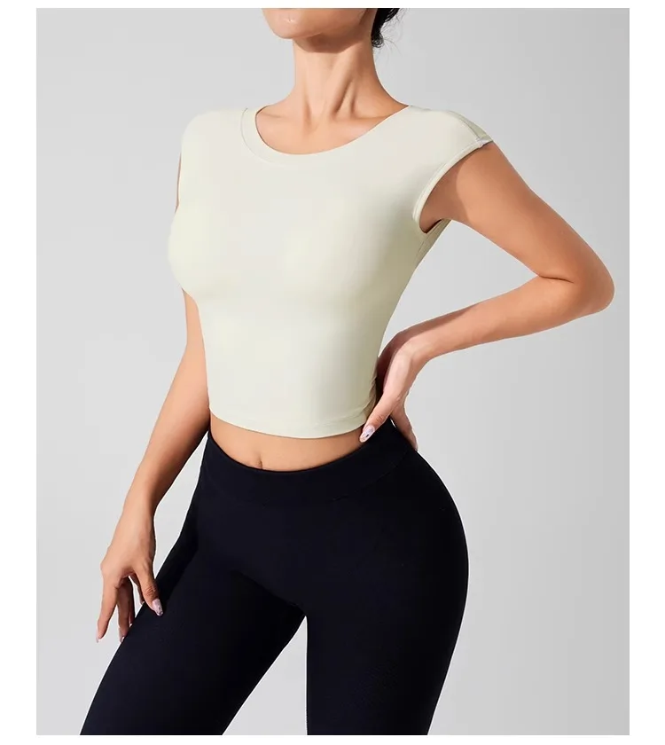 Women's Backless Fitness Clothes with Fixed Chest Pad Beautiful Top Short Sleeve Dance Sport T-Shirt Yoga Wear