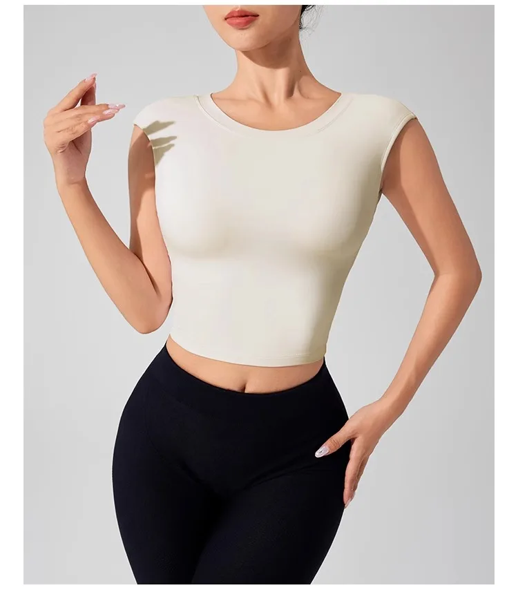 Women's Backless Fitness Clothes with Fixed Chest Pad Beautiful Top Short Sleeve Dance Sport T-Shirt Yoga Wear