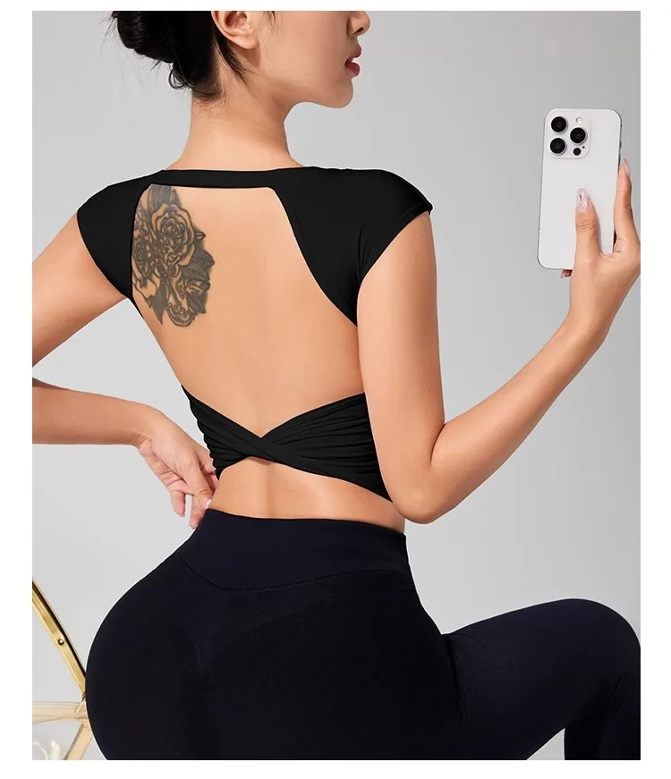 Women's Backless Fitness Clothes with Fixed Chest Pad Beautiful Top Short Sleeve Dance Sport T-Shirt Yoga Wear