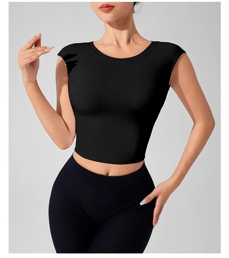Women's Backless Fitness Clothes with Fixed Chest Pad Beautiful Top Short Sleeve Dance Sport T-Shirt Yoga Wear