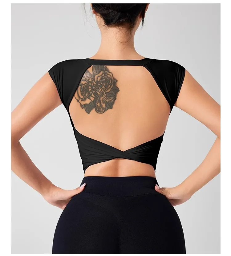 Women's Backless Fitness Clothes with Fixed Chest Pad Beautiful Top Short Sleeve Dance Sport T-Shirt Yoga Wear
