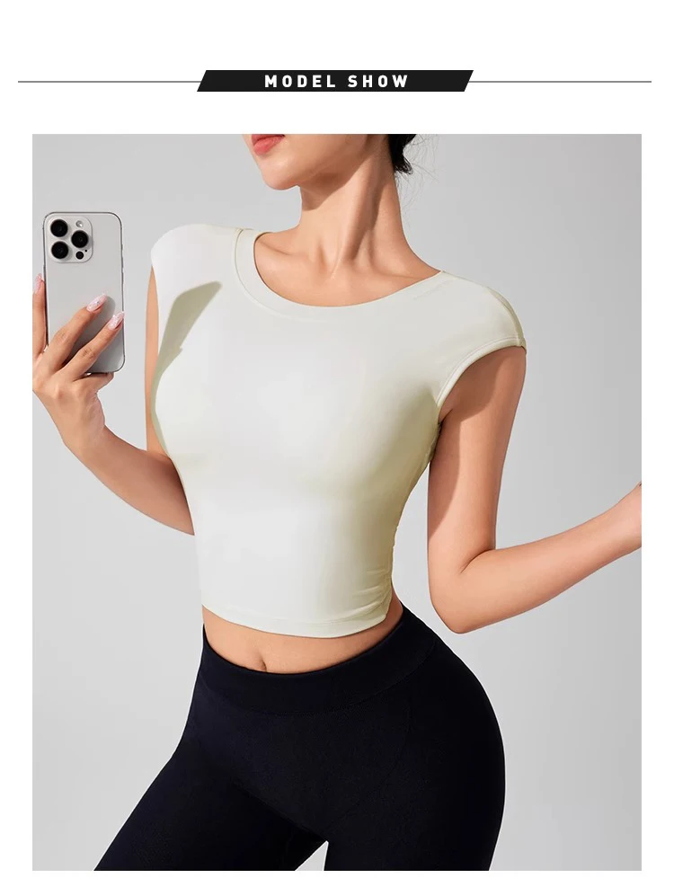 Women's Backless Fitness Clothes with Fixed Chest Pad Beautiful Top Short Sleeve Dance Sport T-Shirt Yoga Wear