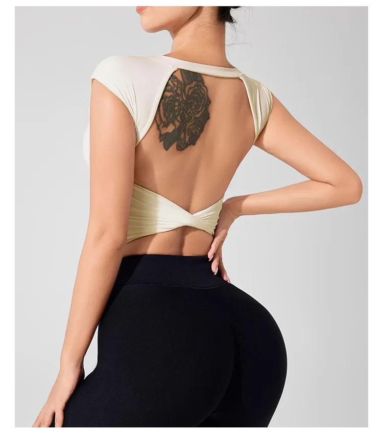 Women's Backless Fitness Clothes with Fixed Chest Pad Beautiful Top Short Sleeve Dance Sport T-Shirt Yoga Wear